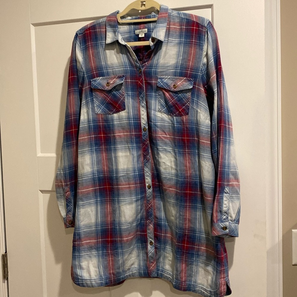 J Jill Shirt Dress, Size Medium, Red/Blue/White Plaid Pattern, Pockets